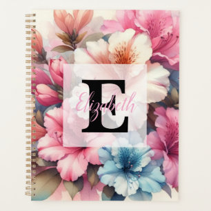 Monogramme aquarelle florale azalées roses bleues
