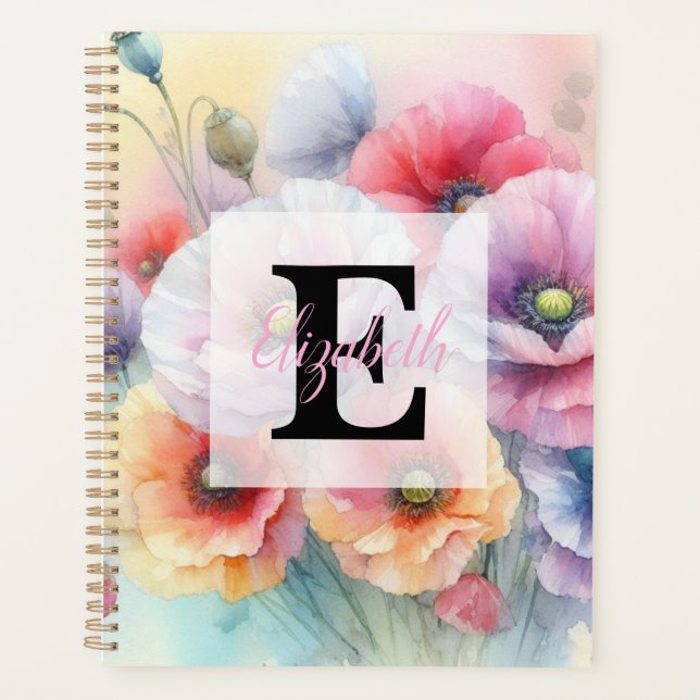 Monogramme aquarelle florale fleurs de pavot roses (Devant)