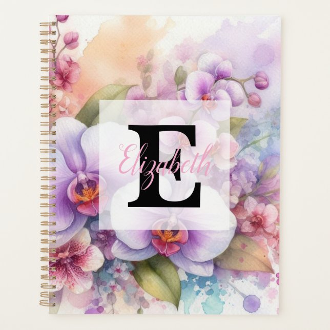 Monogramme aquarelle florale fleurs d'orchidée ros (Devant)