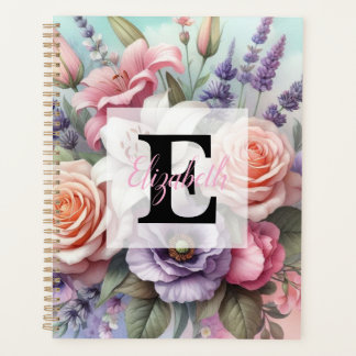 Monogramme aquarelle florale fleurs roses violette