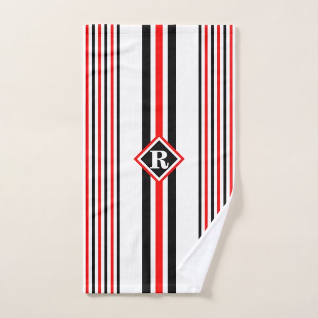 Monogramme avec rayures rouges blanches et noires  (Serviette à main)