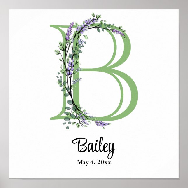 Monogramme B Lavender Eucalyptus nursery Poster (Devant)