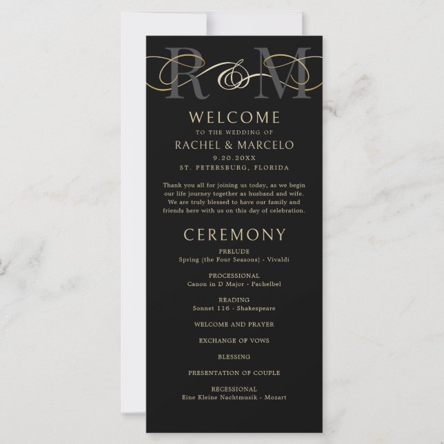 Monogramme Black Gold Elegant Wedding Programme (Devant)