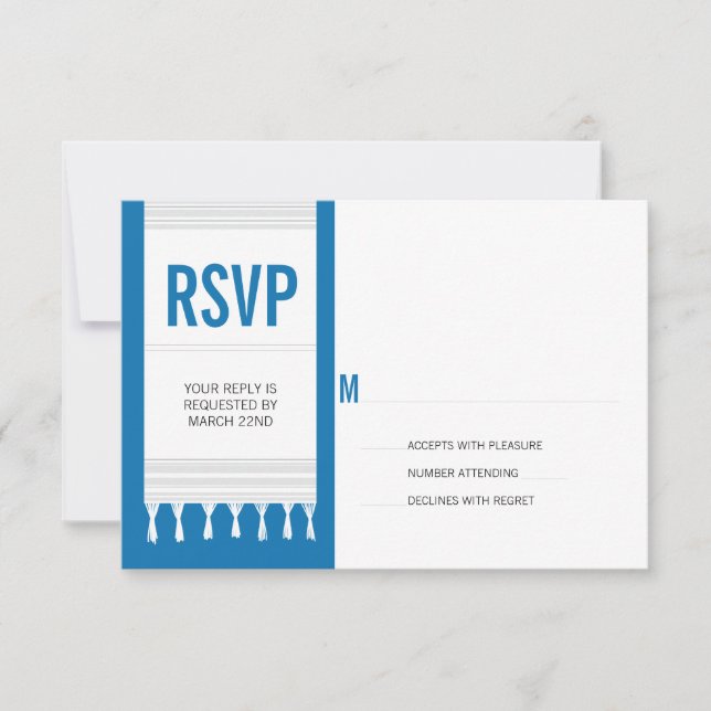 Monogramme Blanc Bleu Tallit Bar Mitzvah RSVP Répo (Devant)