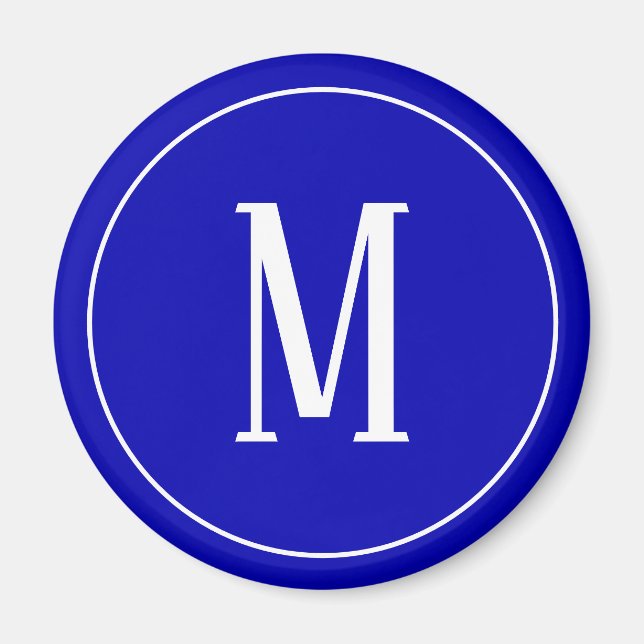 Monogramme blanc sur aimant rond bleu royal (Devant)