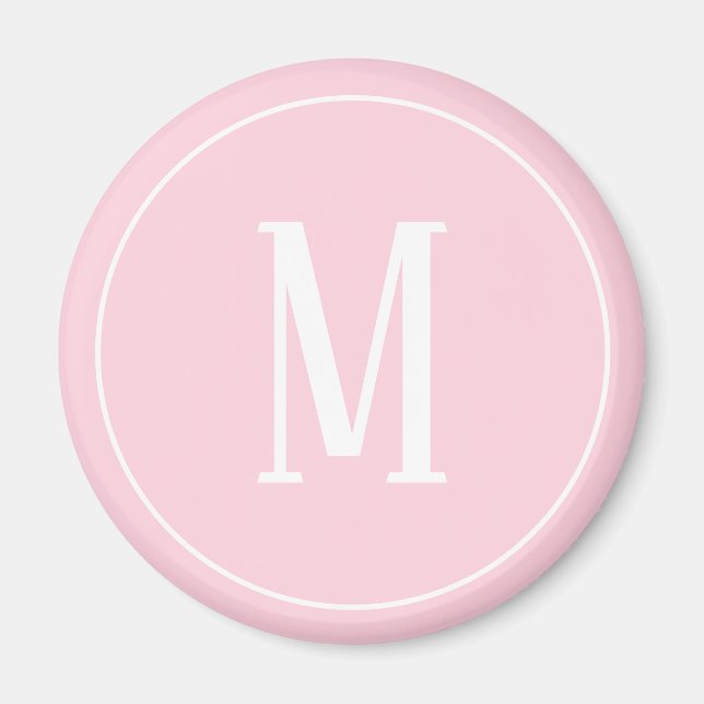 Monogramme blanc sur aimant rond rose clair (Devant)