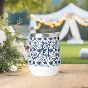 Monogramme bleu aquarelle floral Cottagecore tenda