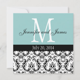 Monogramme bleu blanc Damas Faire-part de mariage