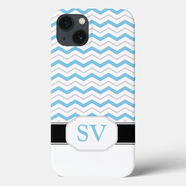 Monogramme bleu et gris Chevron iPad 2/3/4 Coque (Verso)