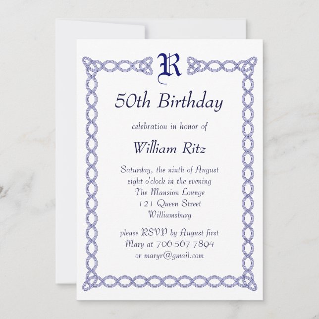 Monogramme bleu Invitation d'anniversaire (Devant)