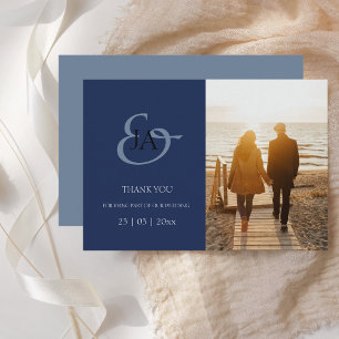 Monogramme bleu marine moderne Mariage photo Merci