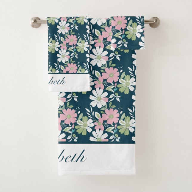 Monogramme Bleu marine Rose Vert Blanc Floral Fleu (En situation)