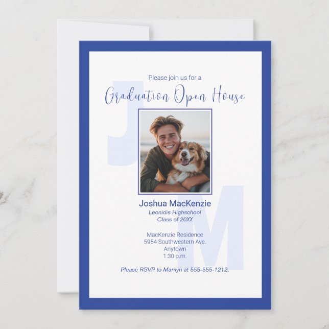 Monogramme bleu moderne - Invitation de diplôme ph (Devant)