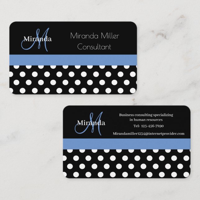 Monogramme bleu noir blanc Polka Carte de visite (Devant / Derrière)