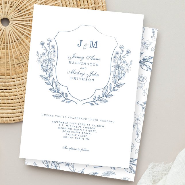 Monogramme bleu poussiéreux Faire-part de mariage  (Créateur téléchargé)