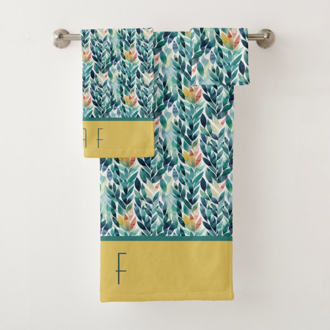 Monogramme Bleu Vert Jaune Feuilles Motif Feuille (En situation)