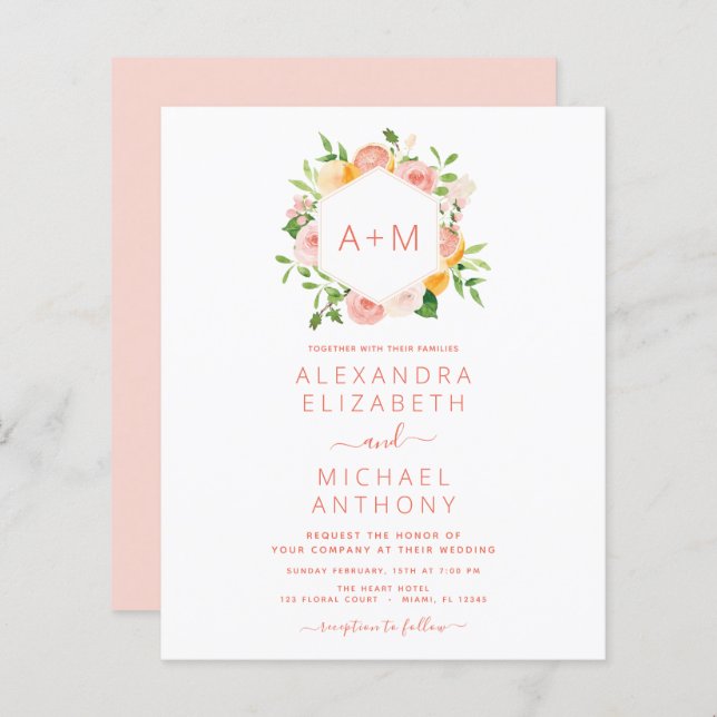 Monogramme Blush Pink Citrus Floral Mariage (Devant / Derrière)