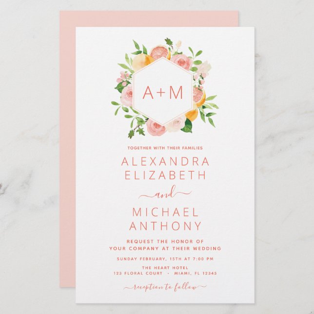 Monogramme Blush Pink Citrus Floral Mariage (Devant / Derrière)
