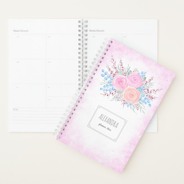 Monogramme Bouquet d'aquarelle Roses roses Bleues  (Devant avec enveloppe)