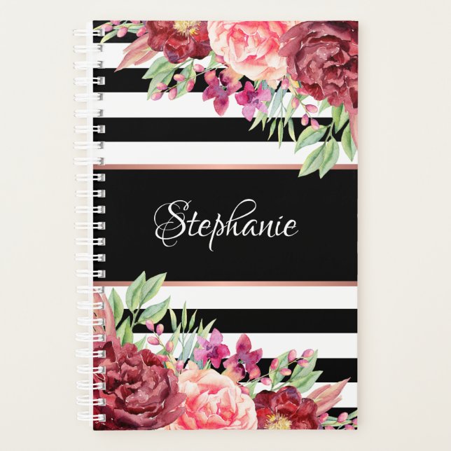 Monogramme Bourgogne floral noir rayures (Devant)
