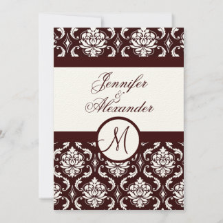 Monogramme Brown Damask Invitation sur papier à fe