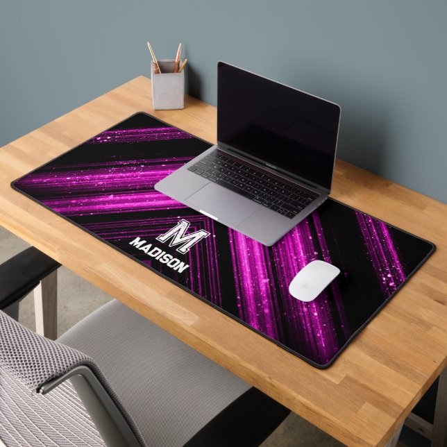 Monogramme chevron métallisé rose néon chaud noir  (Bureau 2)