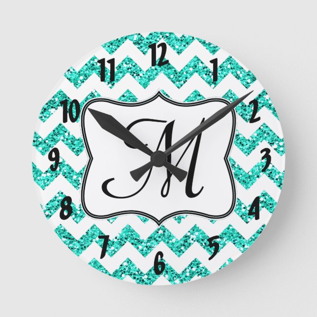 Monogramme Chevron Turquoise moderne Horloge mural (Recto)