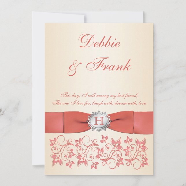 Monogramme Coral Champagne Floral Faire-part de ma (Devant)