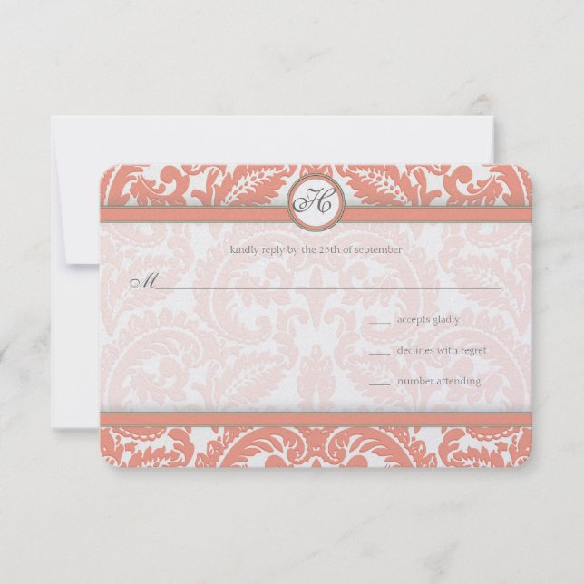 Monogramme Coral et gris Mariage damassé RSVP (Devant)