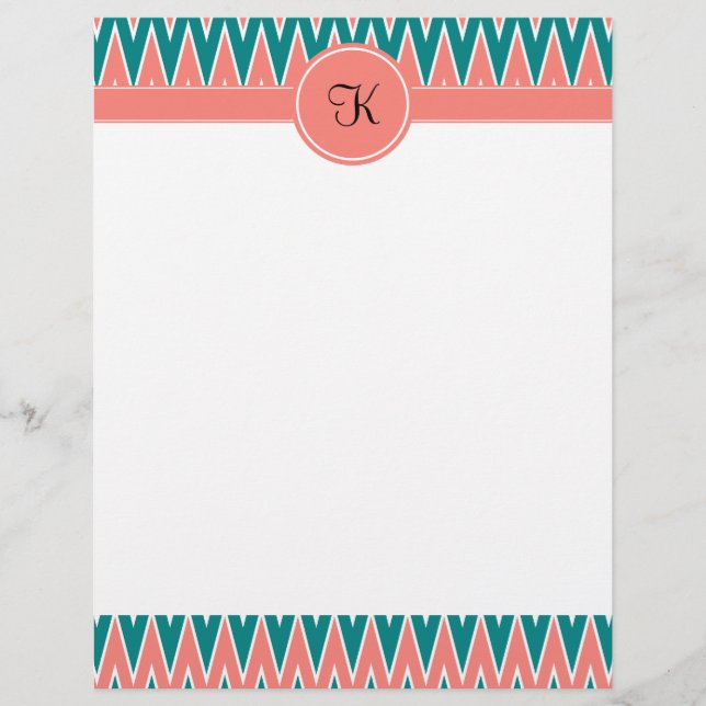Monogramme Coral rose et Turquoise Motif Zigzag (Devant)