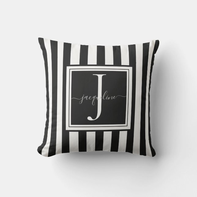 Monogramme Coussin à rayures noir et blanc (Recto)