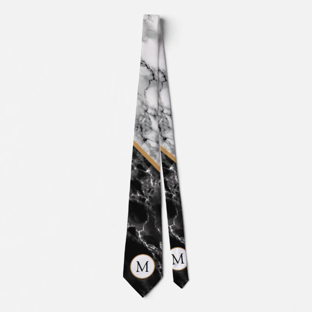 Monogramme Cravate avec design en marbre noir blan (Devant)