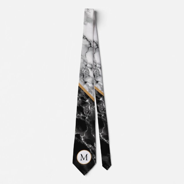 Monogramme Cravate Noir Blanc Marbre Pierre Design (Devant)
