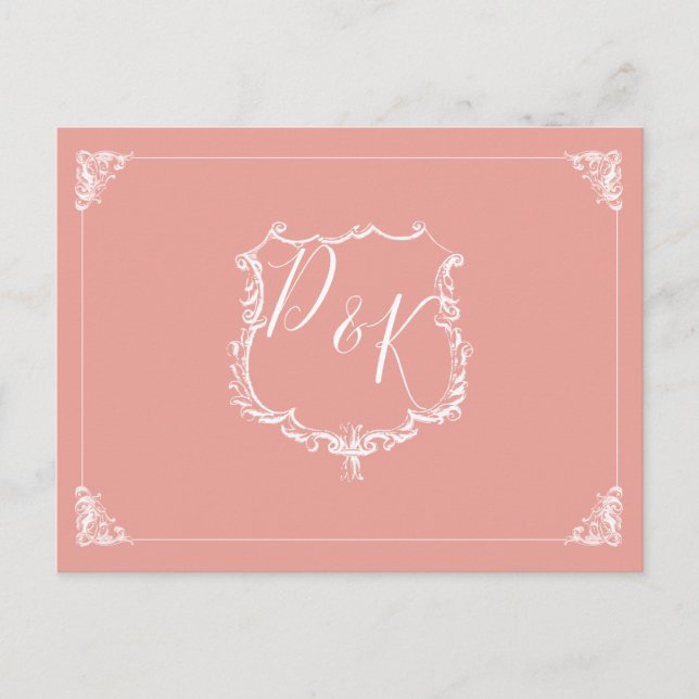 Monogramme Crest Blush Wedding rsvp Carte postale (Devant)