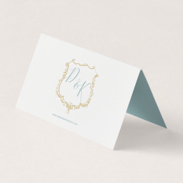 Monogramme Crest Gold bleu Mariage Cartes de lieu (Dos)