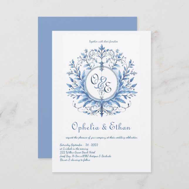 Monogramme Crest Rococo faire-part de mariage bleu (Devant / Derrière)