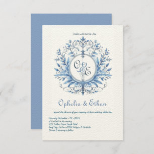 Monogramme Crest Rococo faire-part de mariage bleu