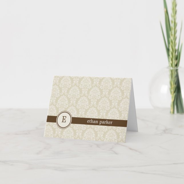 Monogramme Damask Carte de remerciements - Brown (Devant)