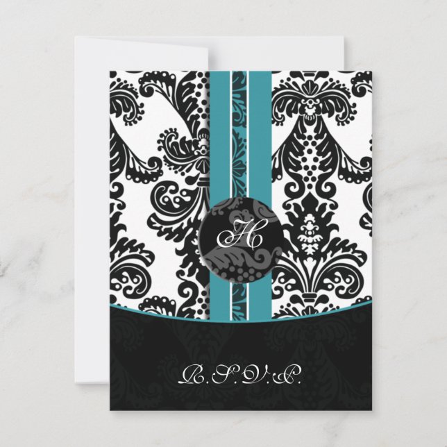 monogramme damask carte rsvp aqua (Devant)