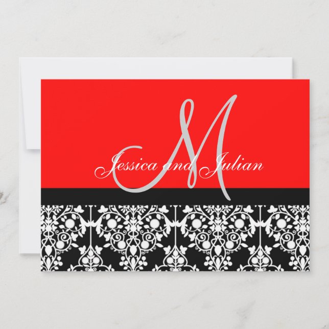 Monogramme Damask Invitation noire et rouge (Devant)