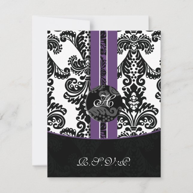monogramme damask violet cartes rsvp (Devant)