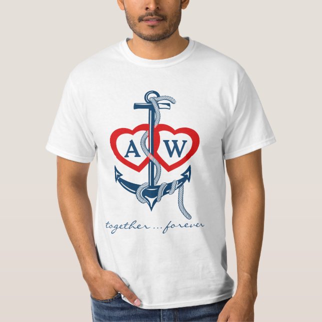 Monogramme d'ancre nautique T-shirt Saint Valentin (Devant)