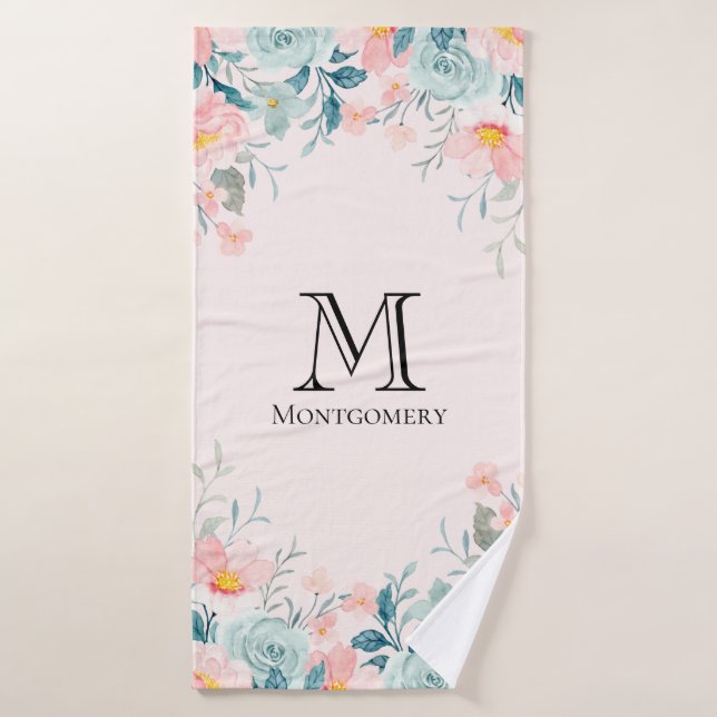 Monogramme de bordure rose et vert (Serviette de bain)