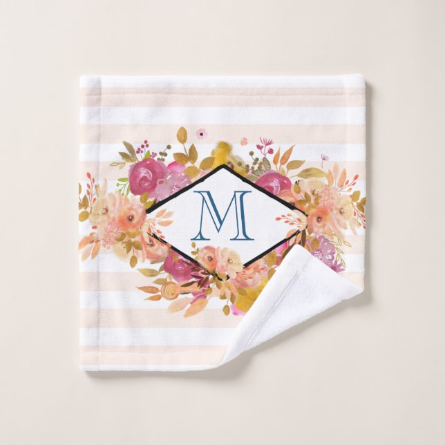 Monogramme de bouquet floral orange et rose (Gant de toilette)