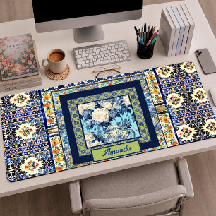 Monogramme de carreau floral de chinoiserie bleue