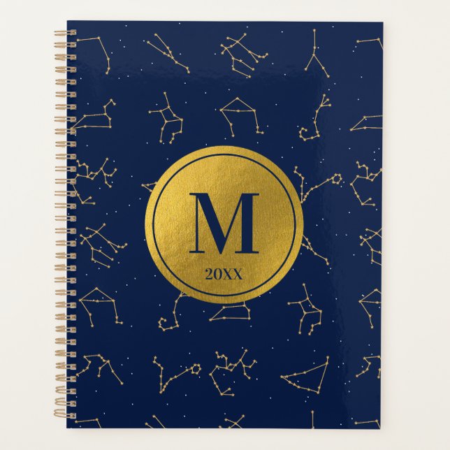 Monogramme de constellations de Zodiac bleu or et  (Devant)