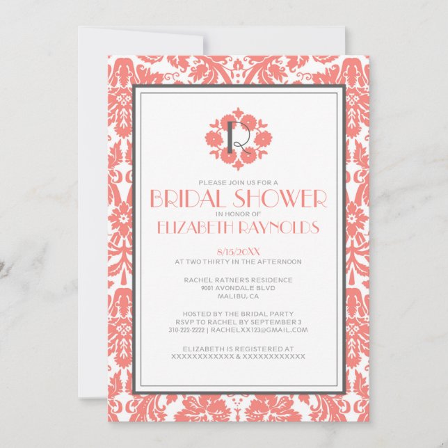 Monogramme de corail Invitations de douches nuptia (Devant)