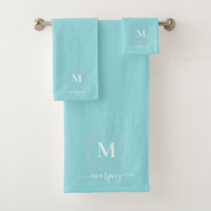Monogramme de couronne végétale blanche turquoise 