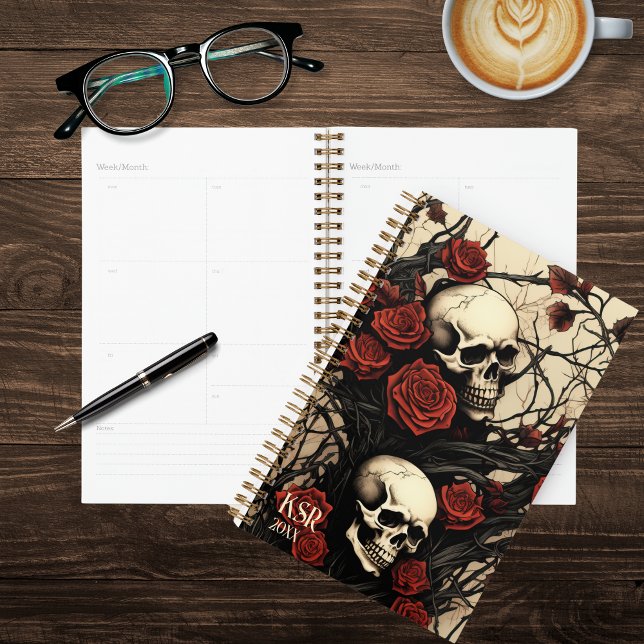 Monogramme de crâne gothique et de roses rouges (Créateur téléchargé)