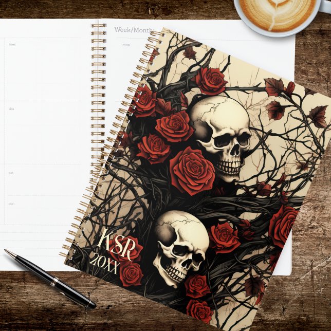 Monogramme de crânes gothiques et de roses rouges  (Créateur téléchargé)